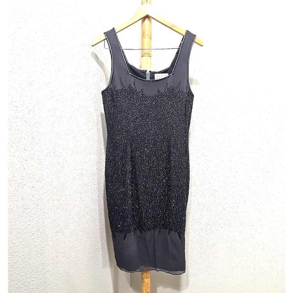 Vtg Bieff Basix Silk Beaded Dress Size 10 Dark Gray Cocktail Formal Sheath Gala